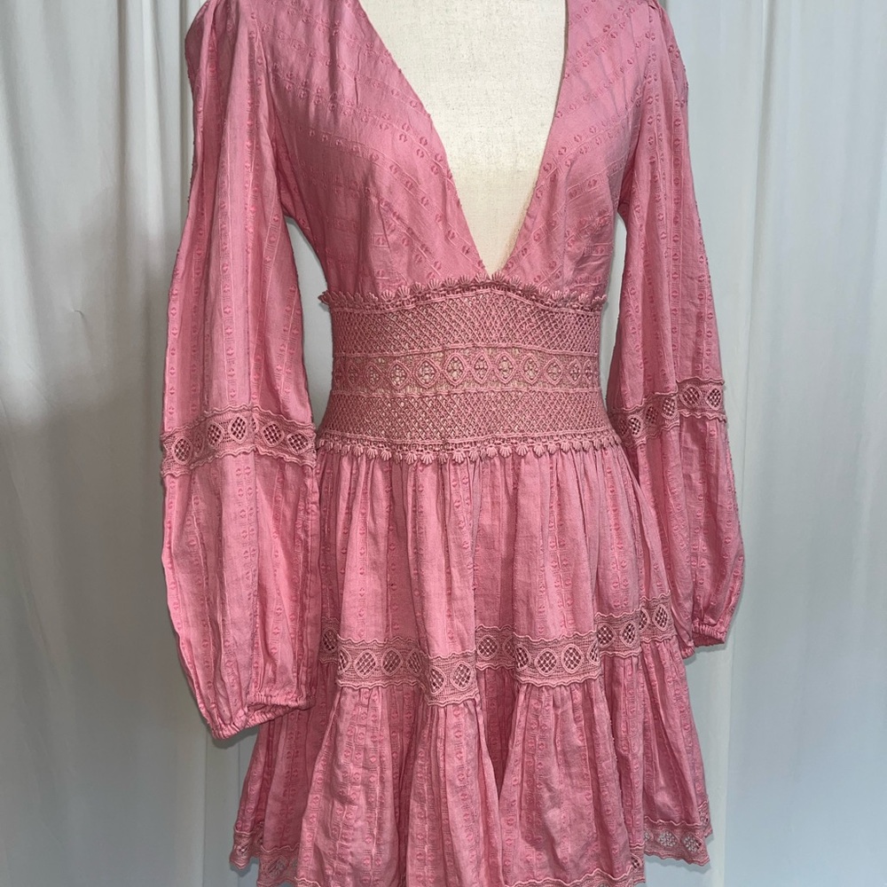 Free People The Delightful Dusty Pink V Neck Tiered Bohemian Mini Dress Size 4 - Picture 4 of 8
